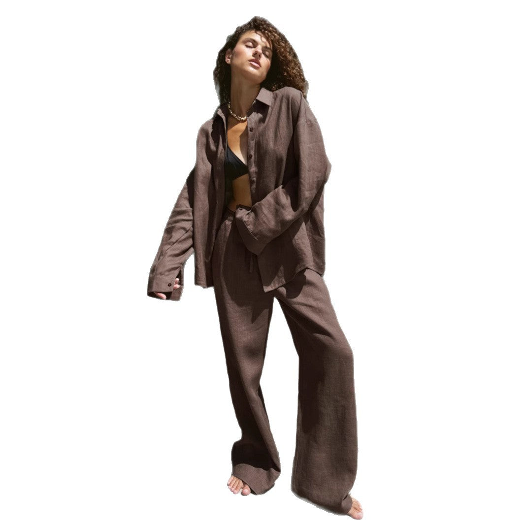 Damen lässiger Leinenanzug mit weiten Hosen und oversize Hemd Stalluxe