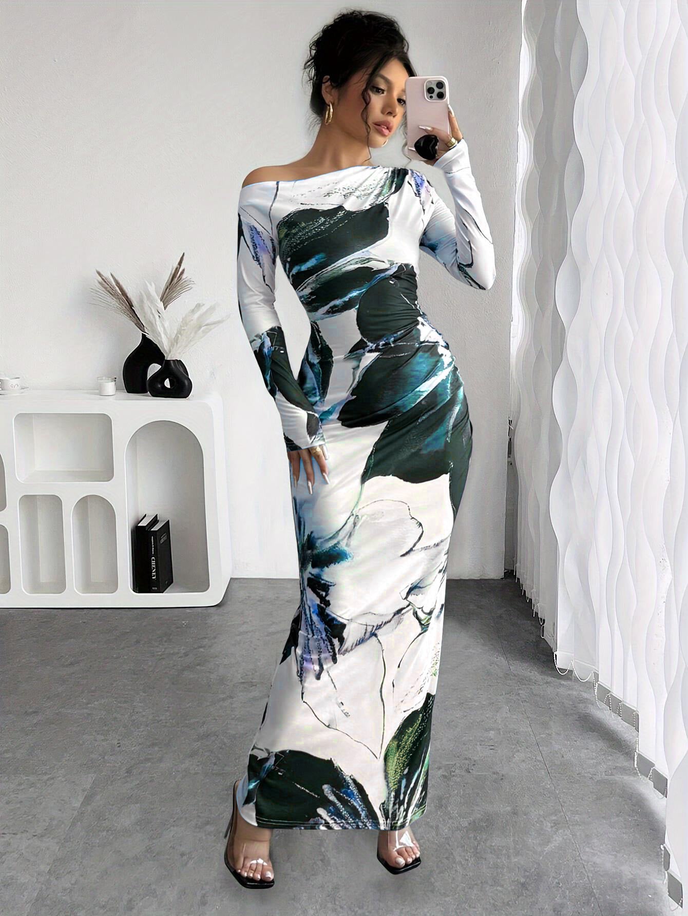 Damen elegantes Langarmkleid mit floralem Motiv Stalluxe