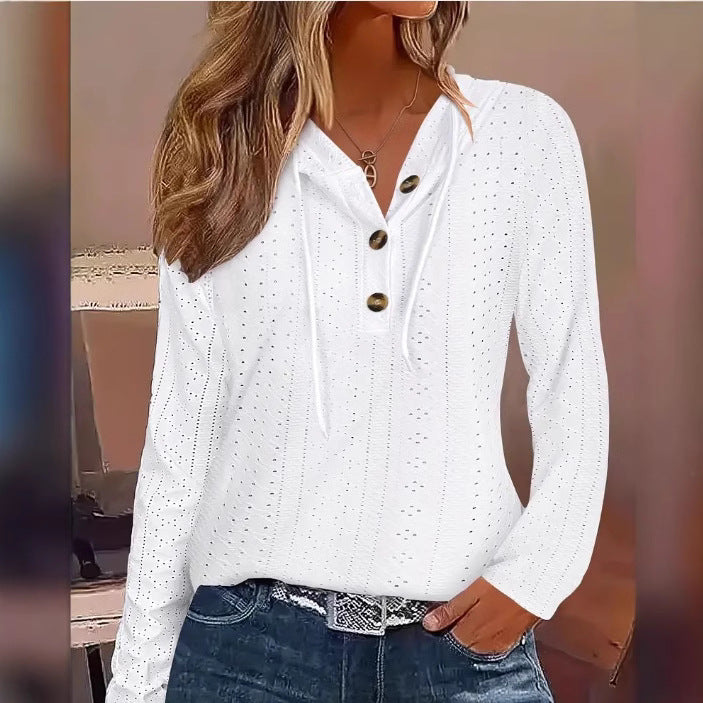 Damen lässiges Hoodie-Oberteil mit Knopfleiste und modernem Lochmuster Stalluxe