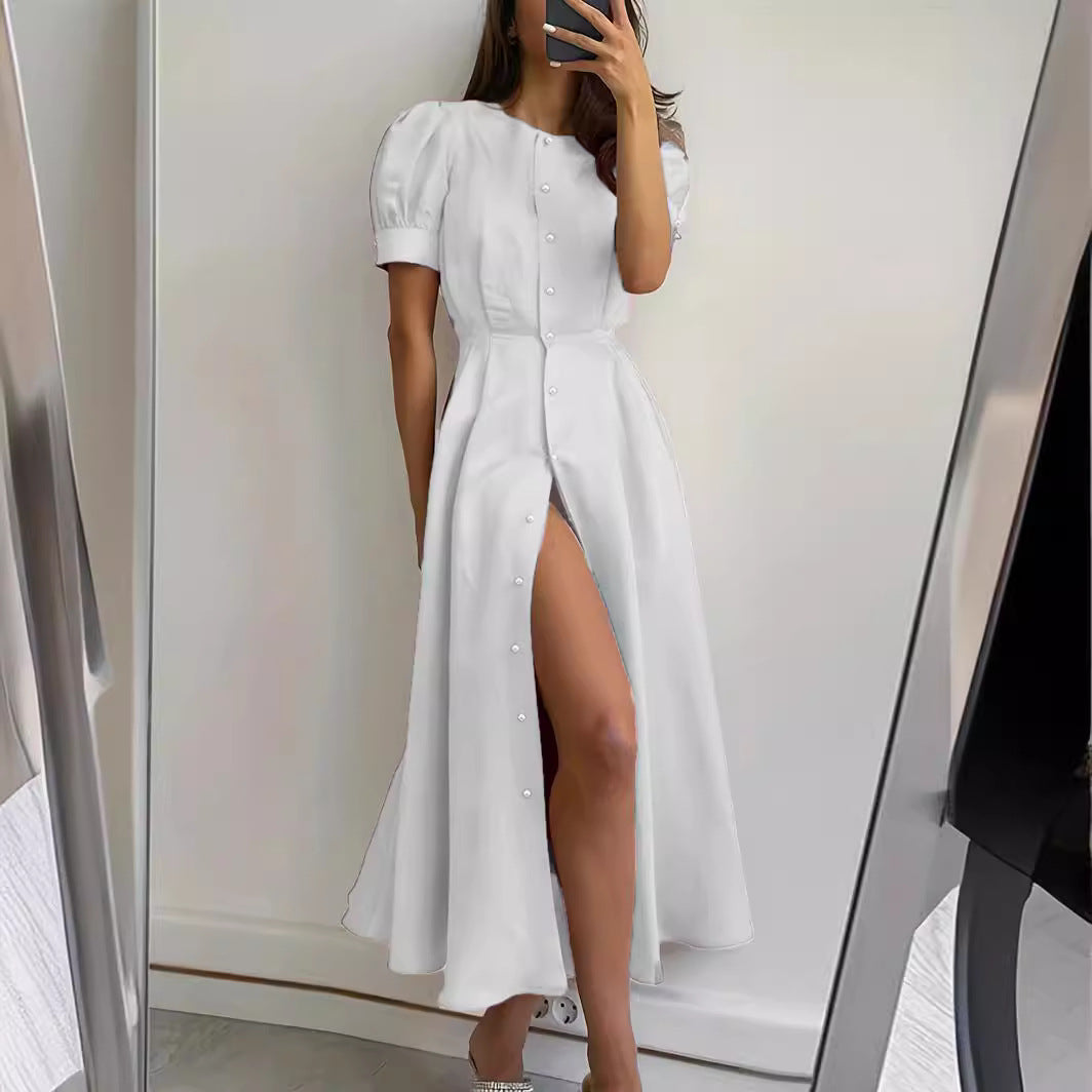 Damen Maxikleid mit Knopfdetail und seitlichem Schlitz Stalluxe