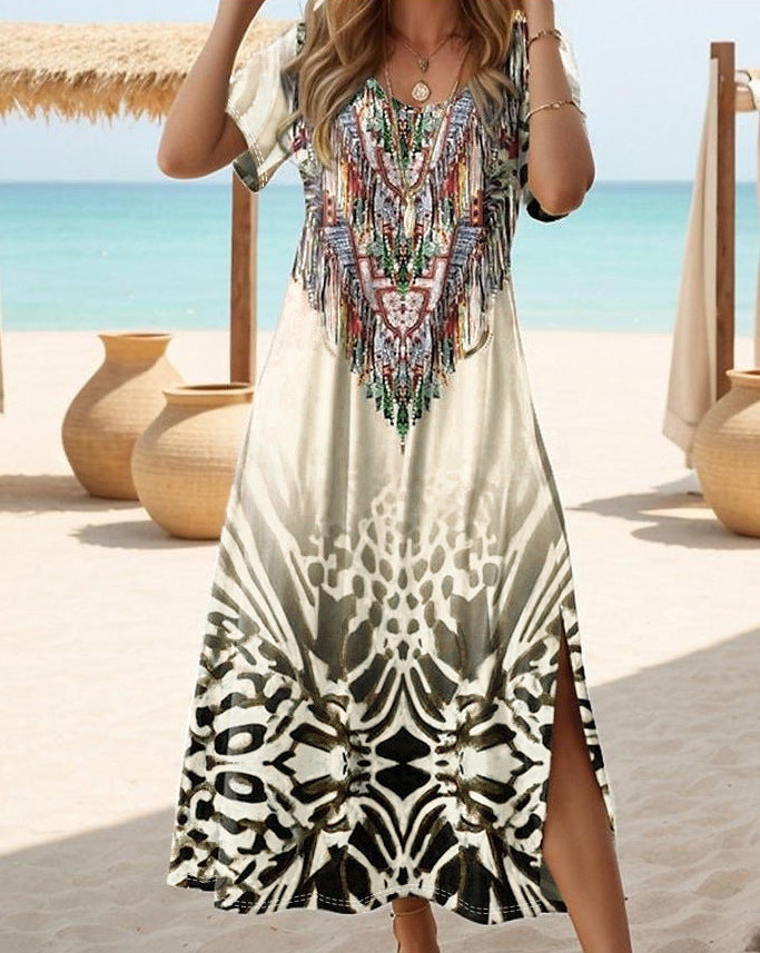 Damen Strandmaxikleid mit einzigartigem Ethno-Design und seitlichen Schlitzen Stalluxe