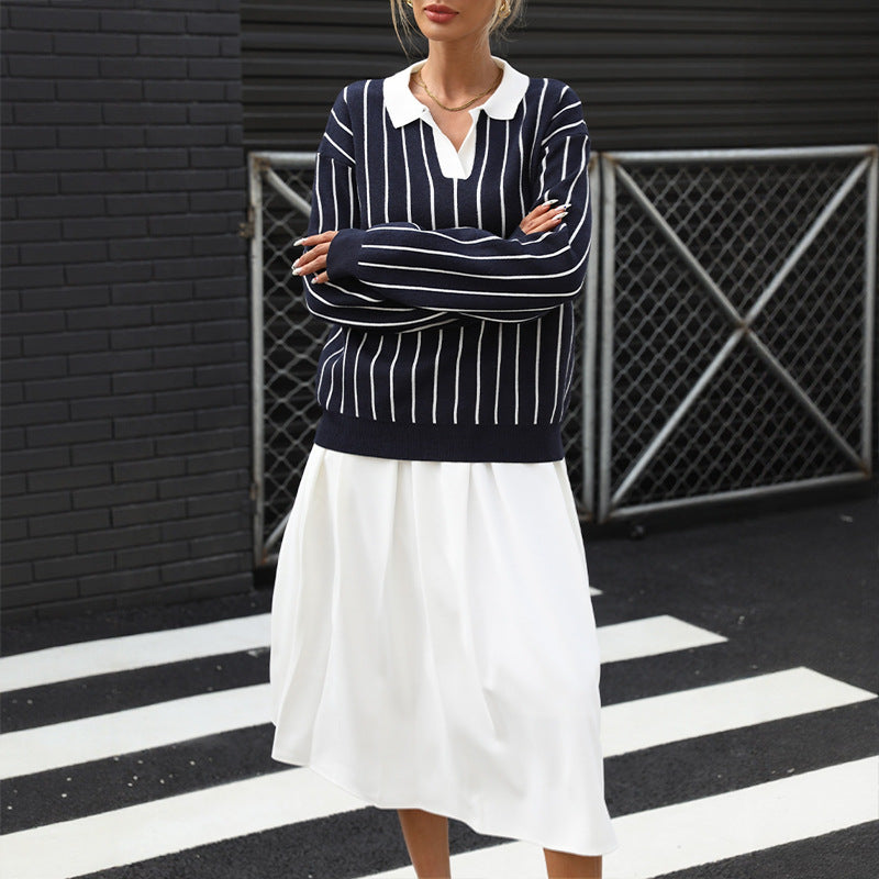 Damen knit Pullover mit eleganter Kragen und Streifenmuster Stalluxe