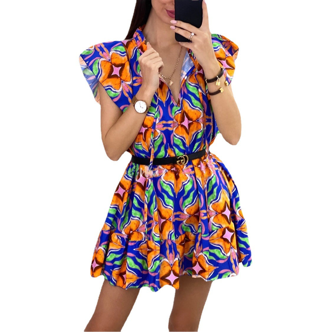 Damen Kurzes Hemdblusenkleid mit voluminösen Ärmeln und floralem Druck Stalluxe