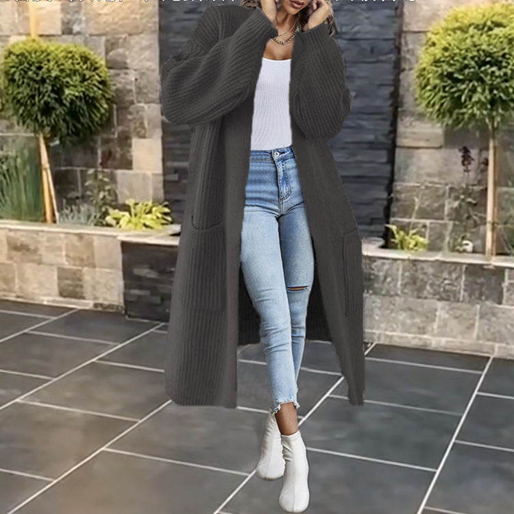 Damen Langer Strickmantel mit grober Rippenstruktur und praktischen Taschen Stalluxe