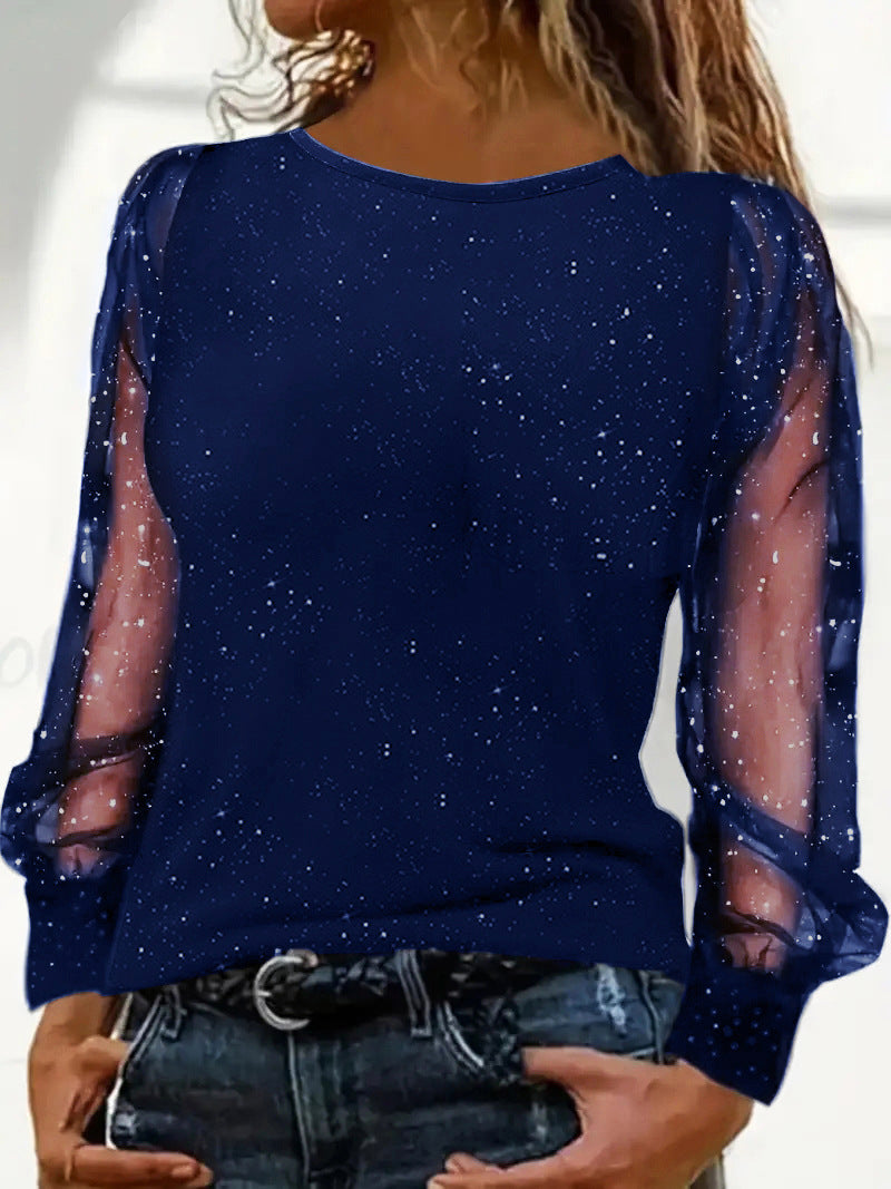 Damen elegantes Oberteil mit glitzernden transparenten Ärmeln Stalluxe