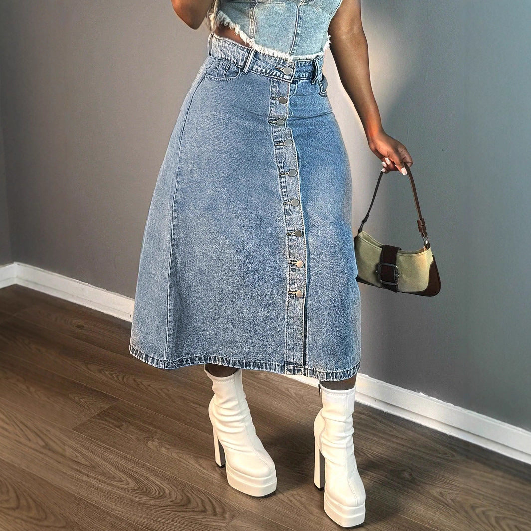 Damen Denim-Midirock mit Knopfverschluss und weitem Schnitt Stalluxe