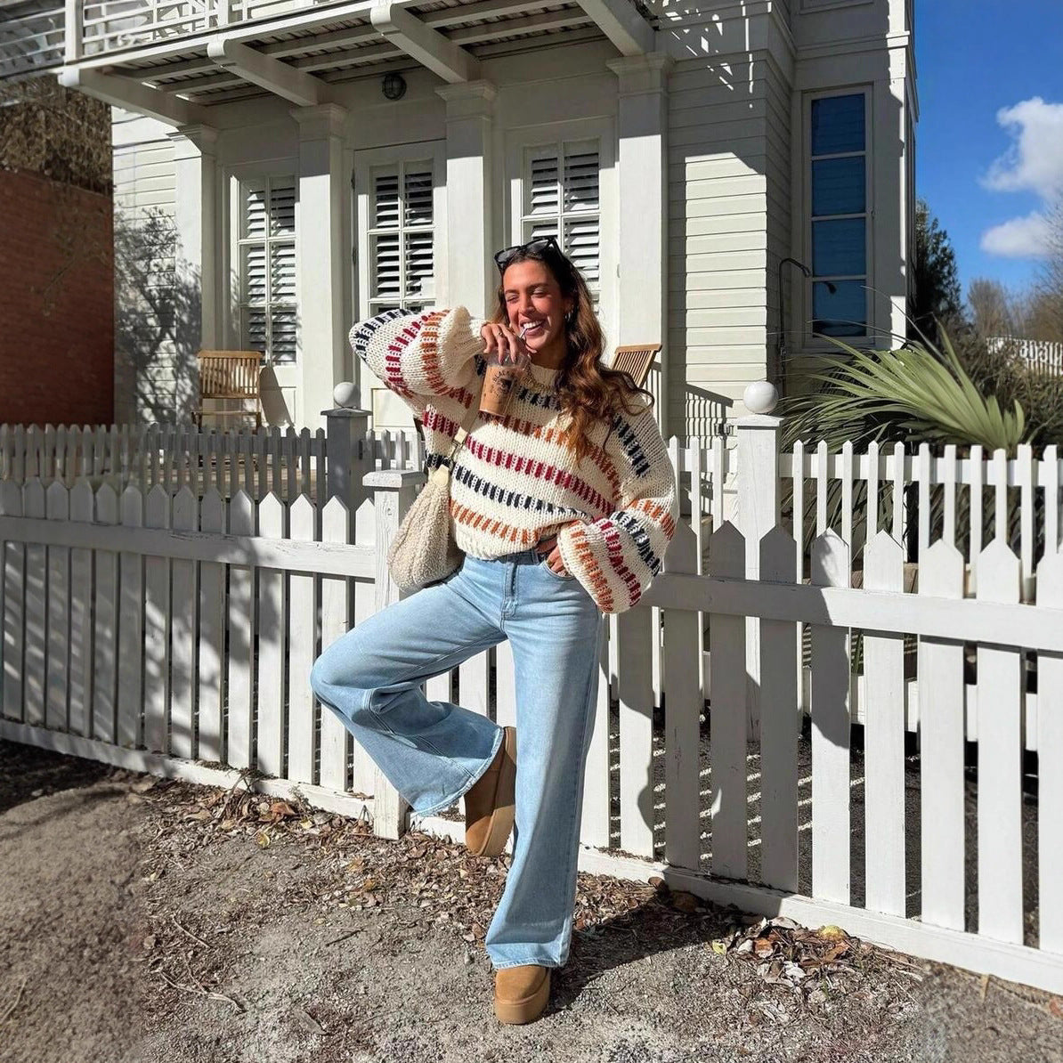 Damen Grobstrickpullover mit bunten Streifen und Oversized-Schnitt Stalluxe
