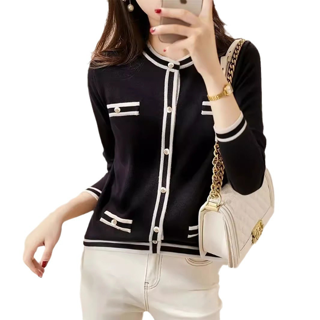 Damen eleganter und bequemer Strickjacke mit Kontraststreifen Stalluxe