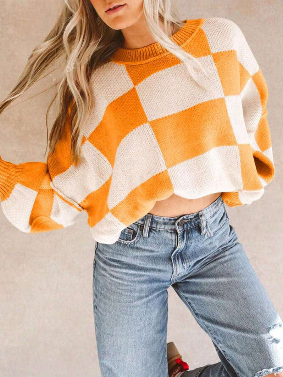 Damen lässiger pullover mit Karo-Muster und weiten Ärmeln Stalluxe