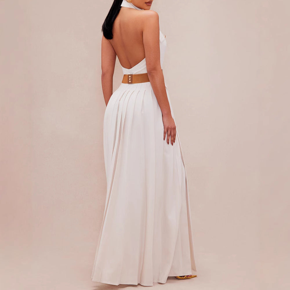 Damen Elegantes Maxikleid mit tiefem V-Ausschnitt und schmeichelndem Taillengürtel Stalluxe