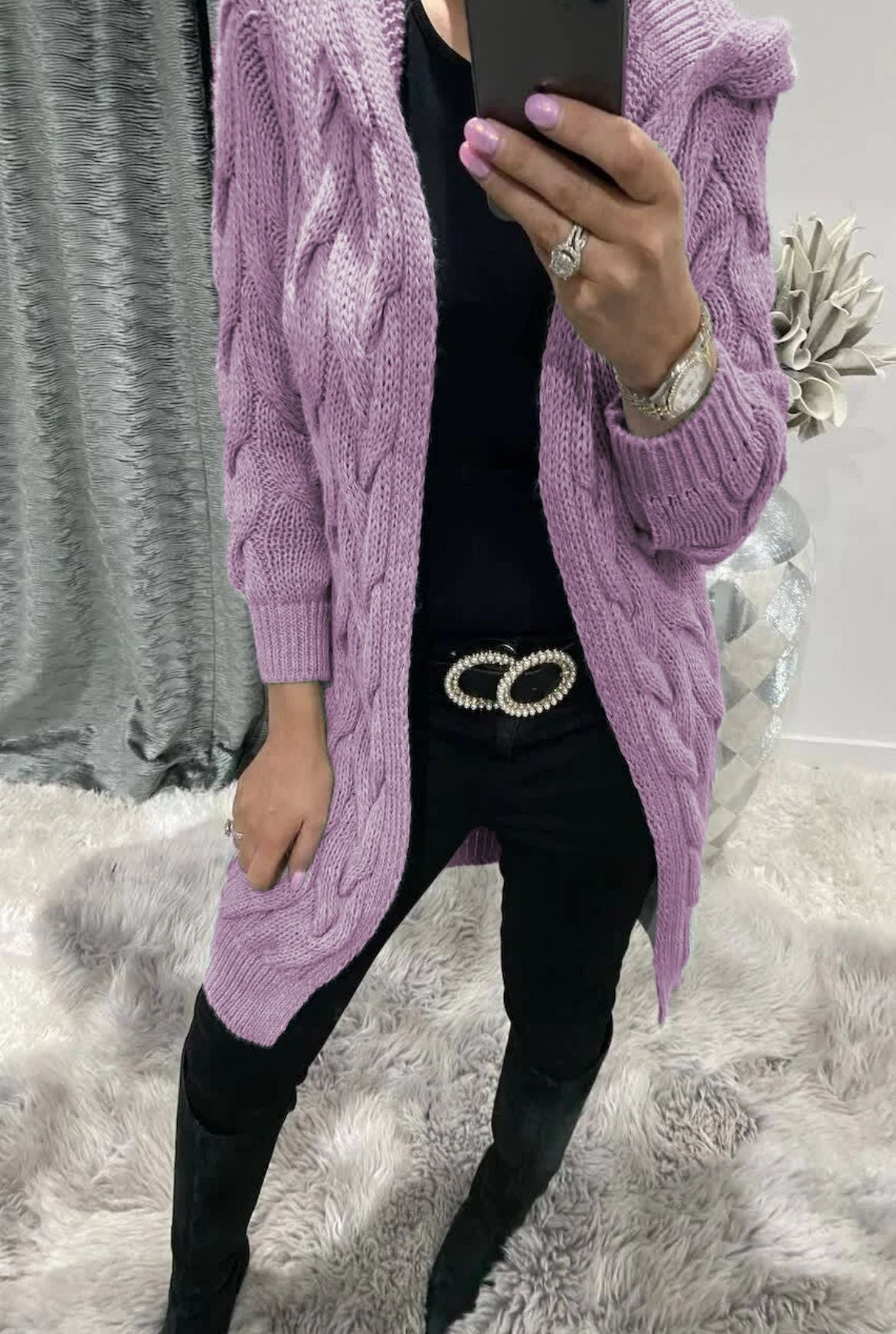 Damen Grobstrick-Cardigan mit Kapuze und Zopfmuster Stalluxe