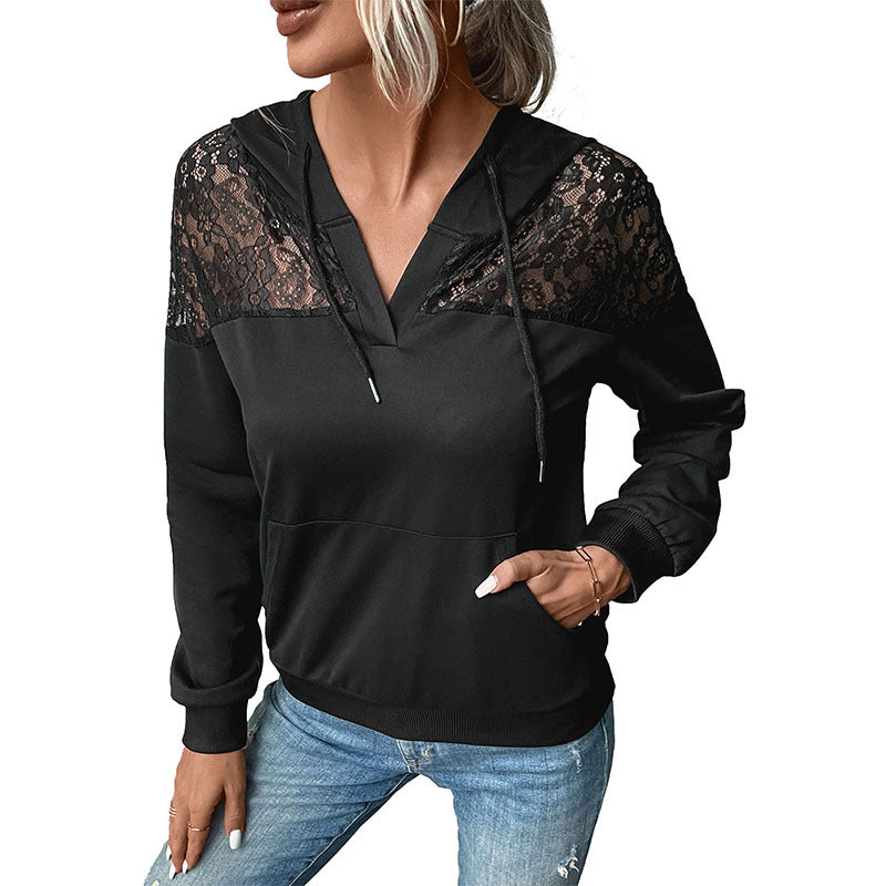 Damen Kapuzenpullover mit Spitzenbesatz und Kängurutasche Stalluxe