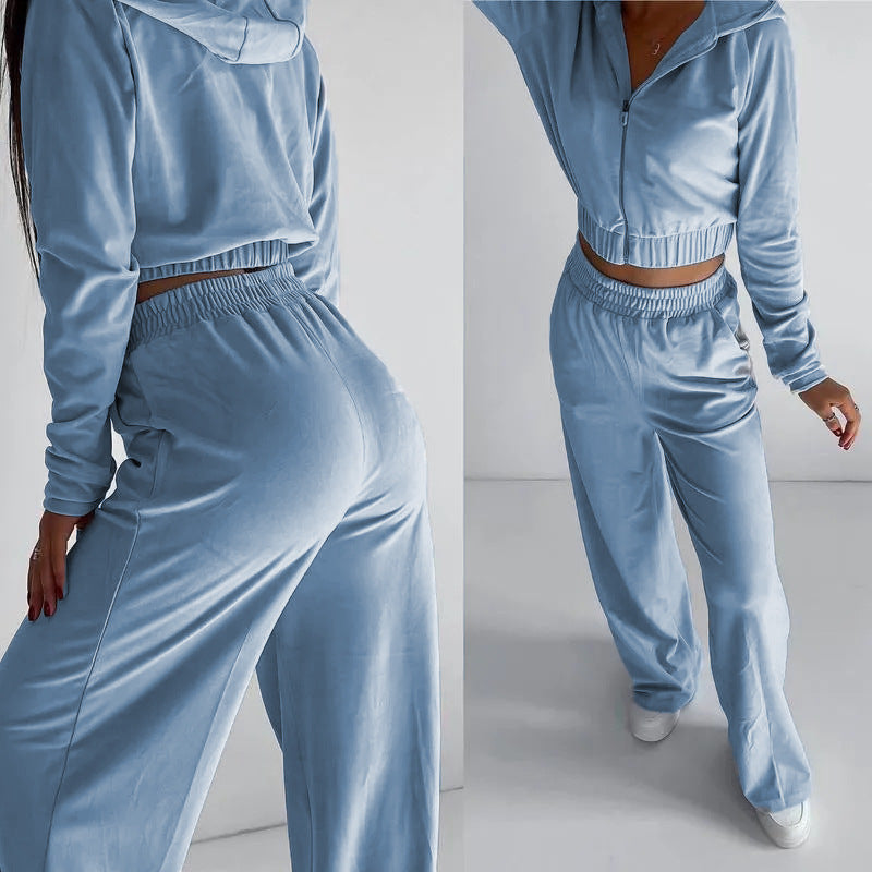 Damen modischer Velours-Cropped-Hoodie und weite Sporthose Set Stalluxe