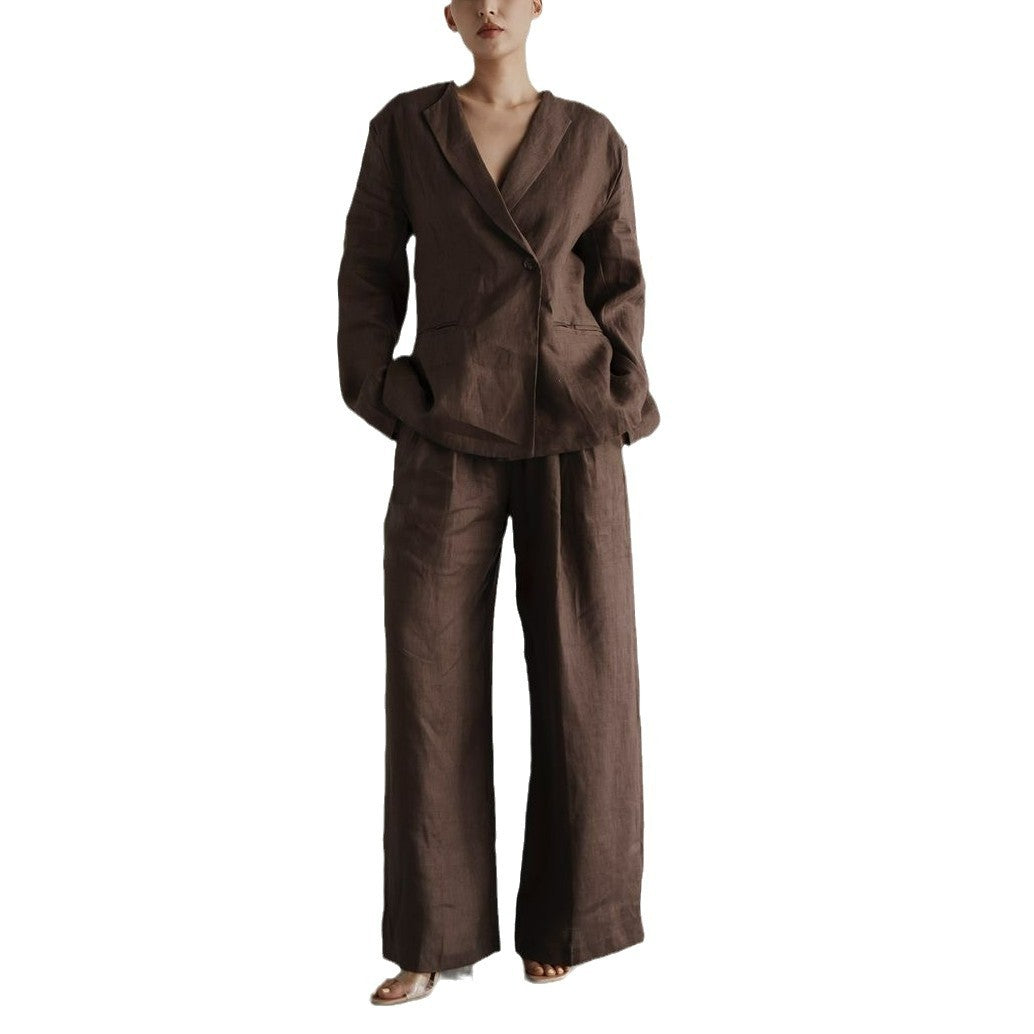 Damen elegantes Leinenanzug-Set mit langärmliger Jacke und weitem Schnitt Stalluxe