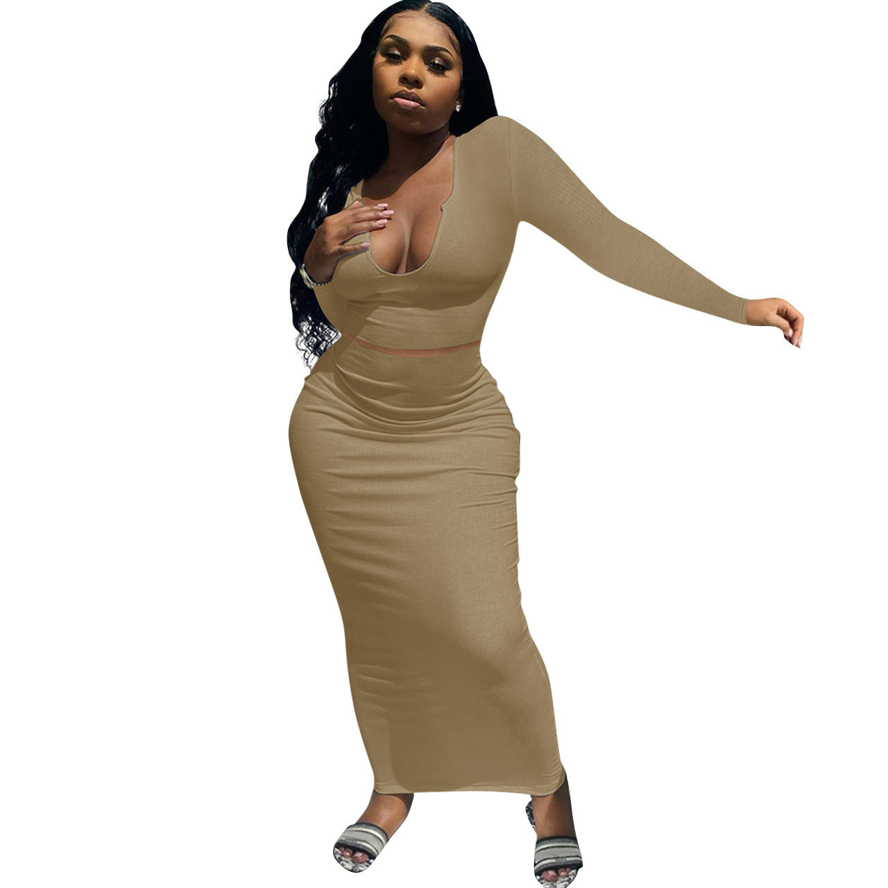 Damen Figurbetontes Maxikleid mit langem Arm und tiefem V-Ausschnitt Stalluxe