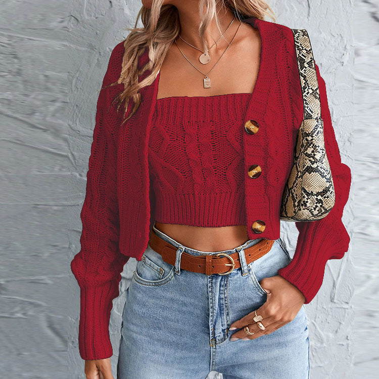 Damen lässiges Strick-Set mit offener Jacke und Crop-Top Stalluxe
