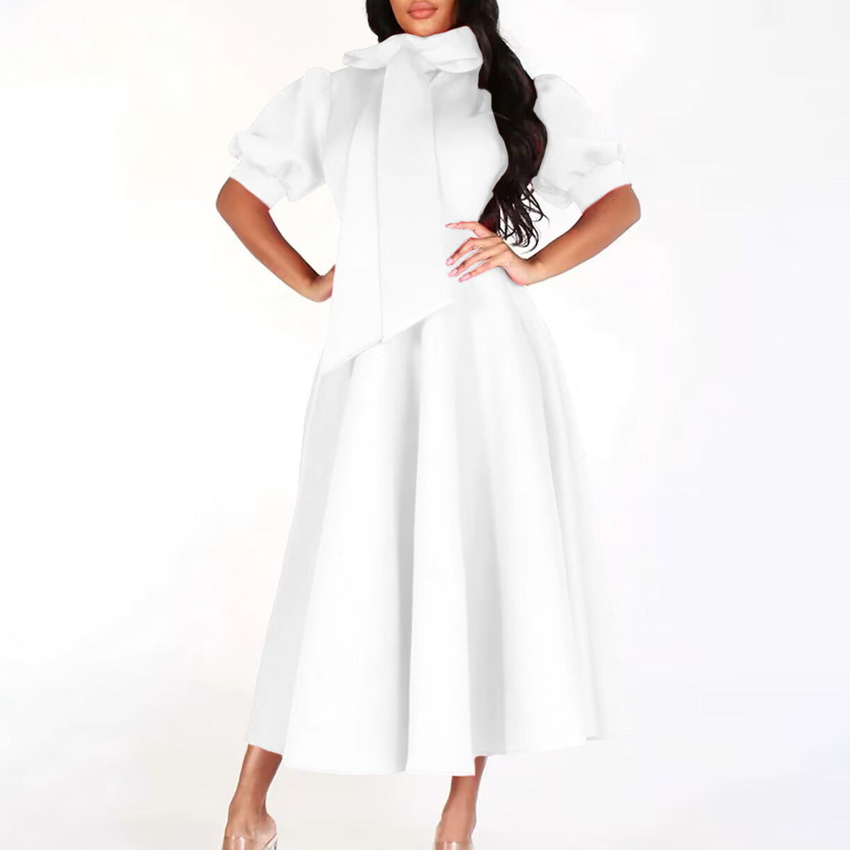 Damen Elegantes A-Linien Kleid mit Schleifenkragen und Volantärmeln Stalluxe