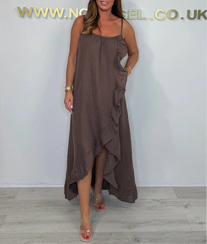 Damen luftiges Maxikleid mit asymmetrischem Saum und feinen Rüschendetails Stalluxe