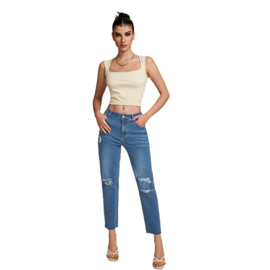 Damen Hochtaillierte Ripped Jeans mit lässigem Schnitt und Fransen Stalluxe