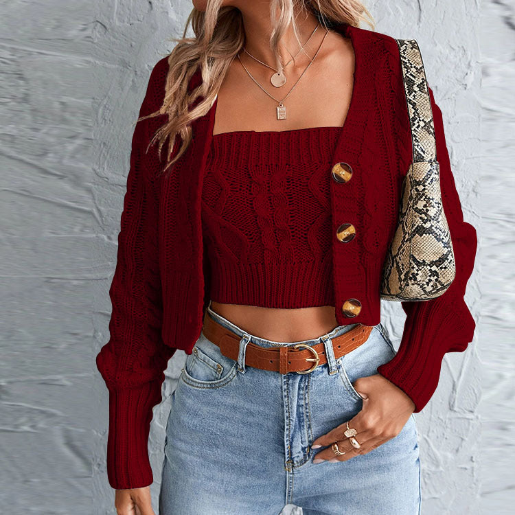 Damen lässiges Strick-Set mit offener Jacke und Crop-Top Stalluxe