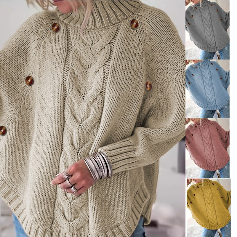 Damen Lockere Strickpullover mit hohem Kragen und dekorativen Knöpfen Stalluxe