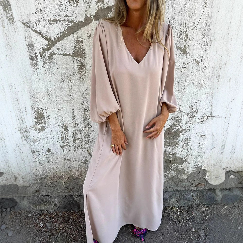 Damen Elegantes V- Ausschnitt Midikleid mit voluminösen Ärmeln Stalluxe