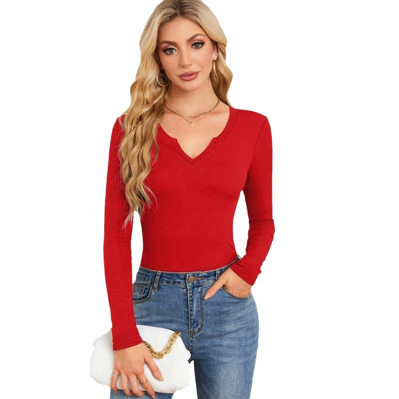 Damen Langarmshirt mit elegantem V-Ausschnitt und feiner Textur Stalluxe