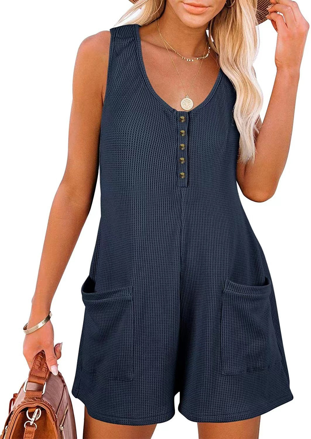 Damen lässiger Kurz-Jumpsuit mit Knopfleiste und Taschen Stalluxe