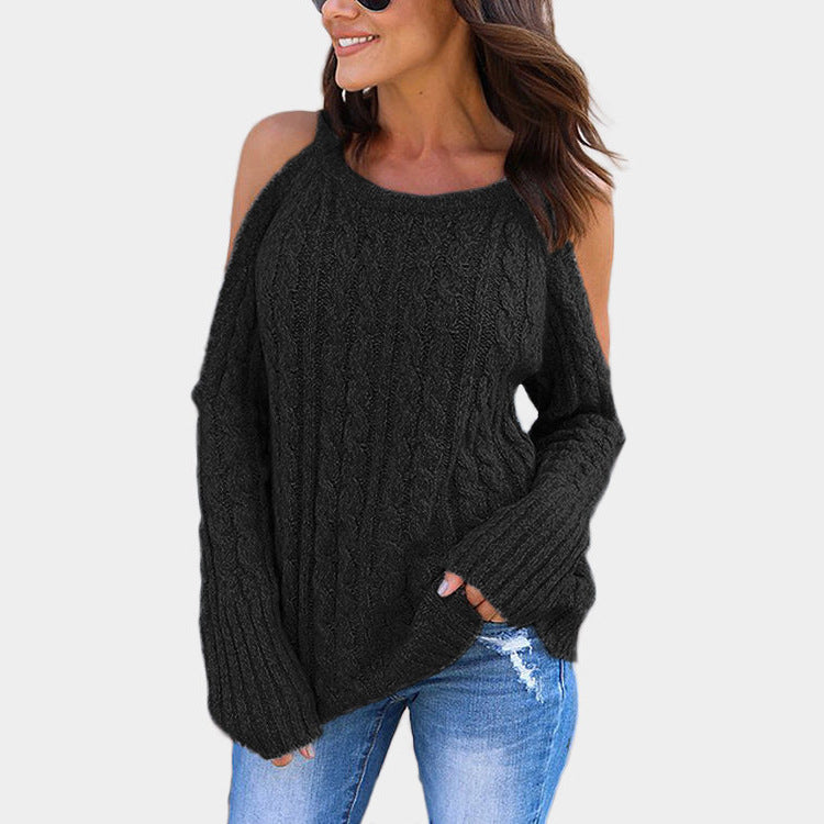 Damen Strickpullover mit offenen Schultern und dekorativem Zopfdesign Stalluxe