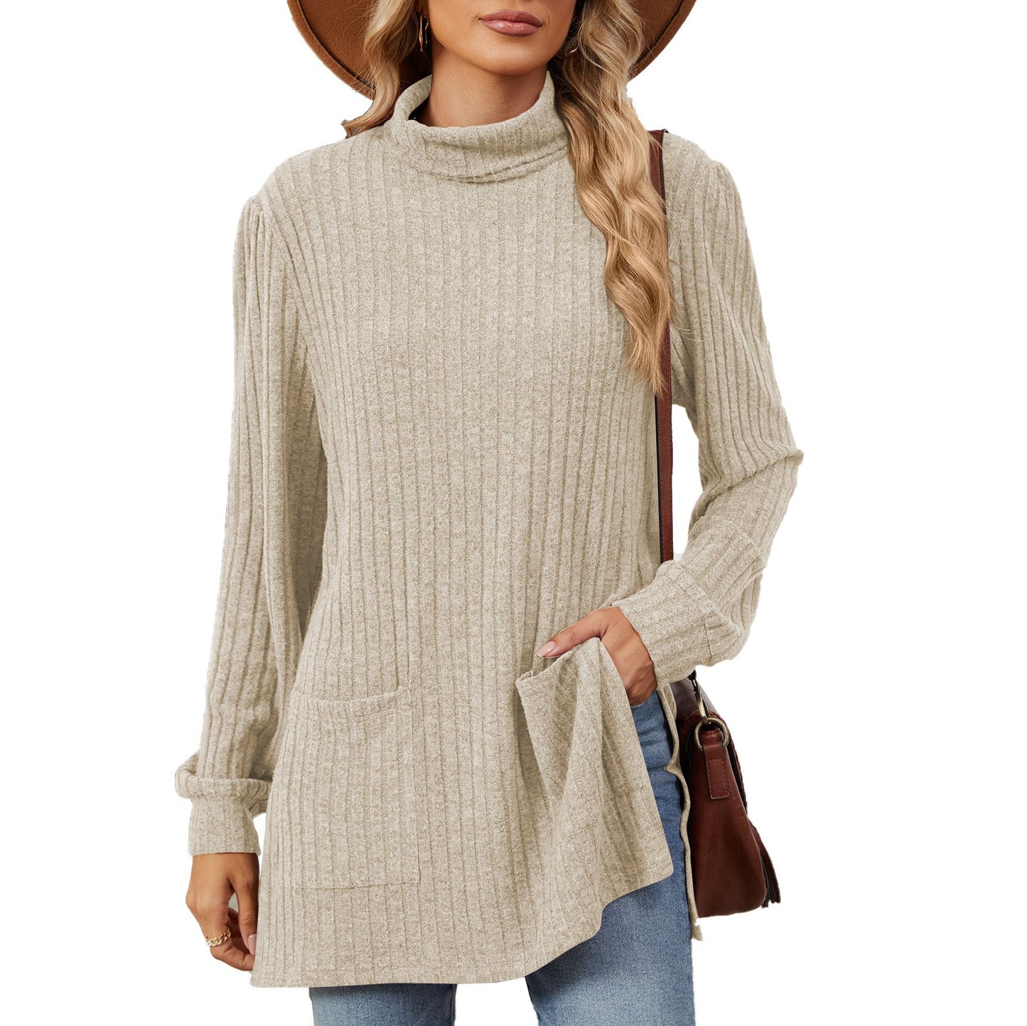 Damen elegantes Oberteil aus strukturierter Strickware mit Stehkragen und Seitentaschen Stalluxe
