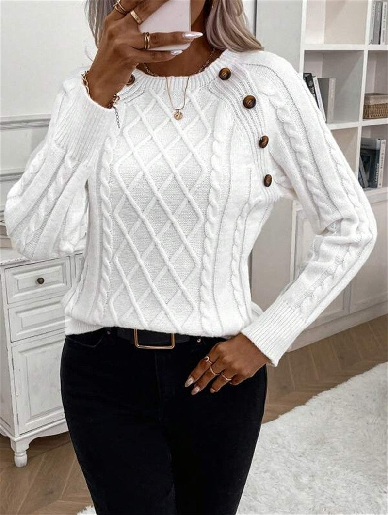 Damen Strickpullover mit strukturiertem Rautenmuster und dekorativen Knöpfen Stalluxe