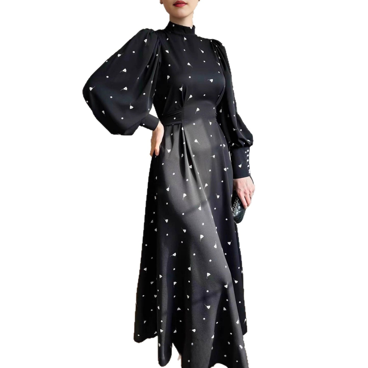 Damen Maxikleid mit hochgeschlossenem Kragen und eleganten Puffärmeln Stalluxe