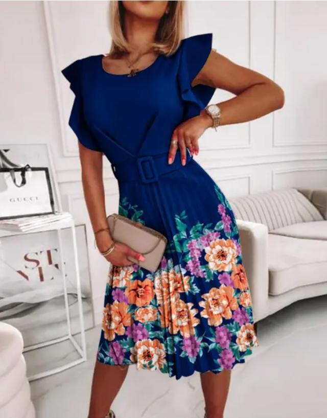 Damen Midi-Kleid mit Volantärmeln und floralem Gürtel Stalluxe