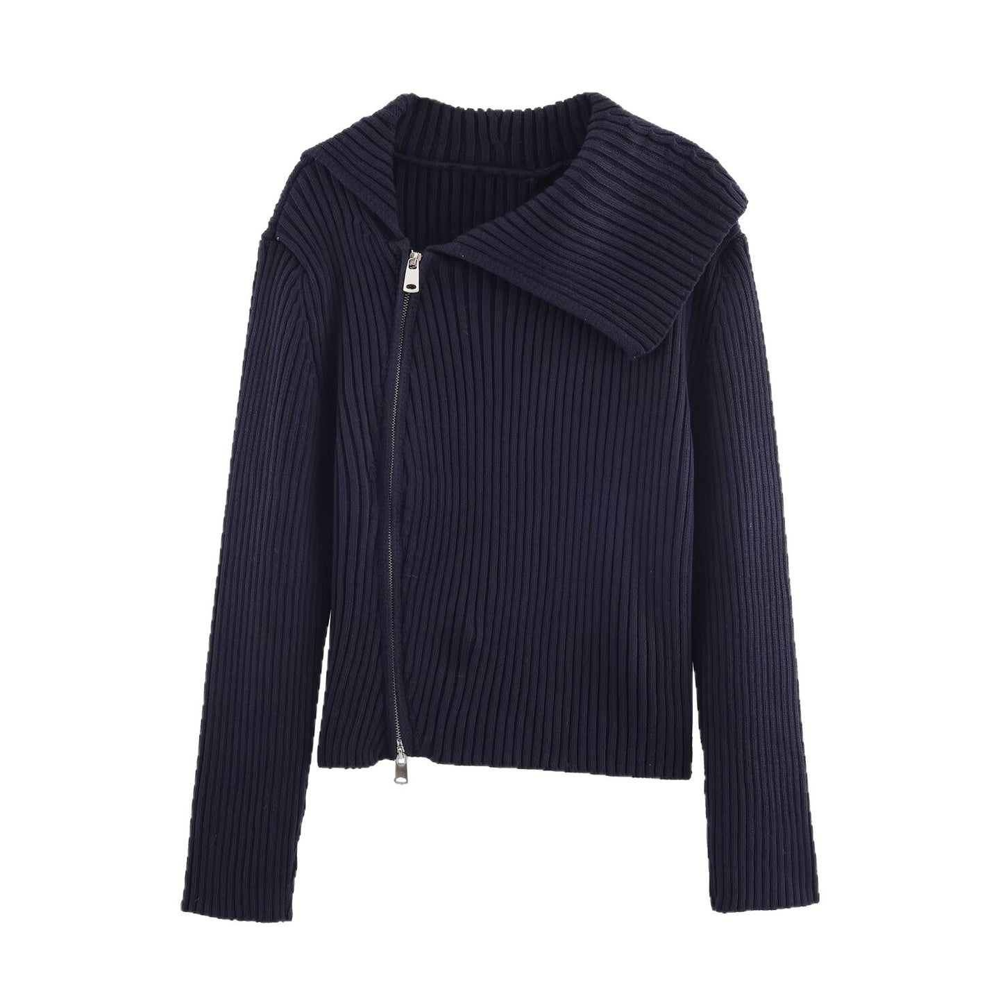 Damen modische Strickjacke mit breitem Kragen und asymmetrischem Reißverschluss Stalluxe