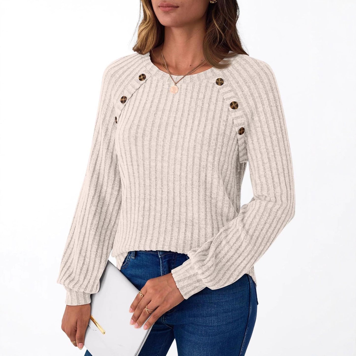 Damen Strickpullover mit dekorativen Knöpfen und feiner Rippstruktur Stalluxe