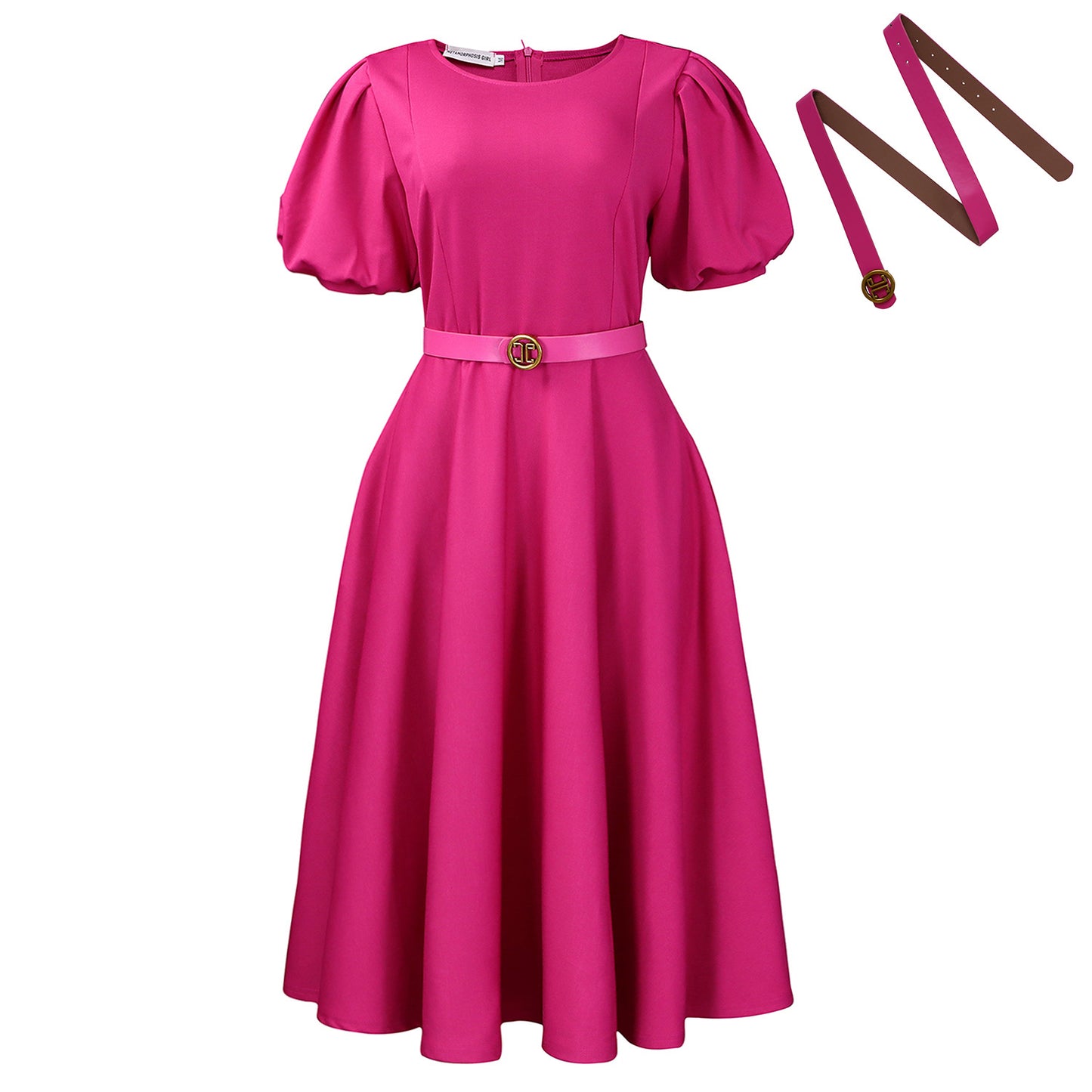 Damen Midi-Kleid mit voluminösen Puffärmeln, elegantem Taillengürtel und schwingendem Rock Stalluxe