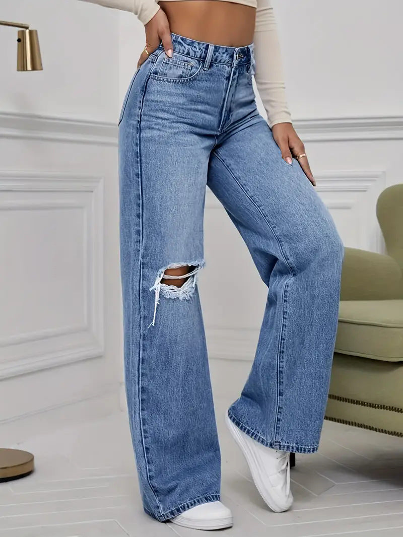 Damen Weite Jeans mit schicken Rissdetails und hohem Bund Stalluxe