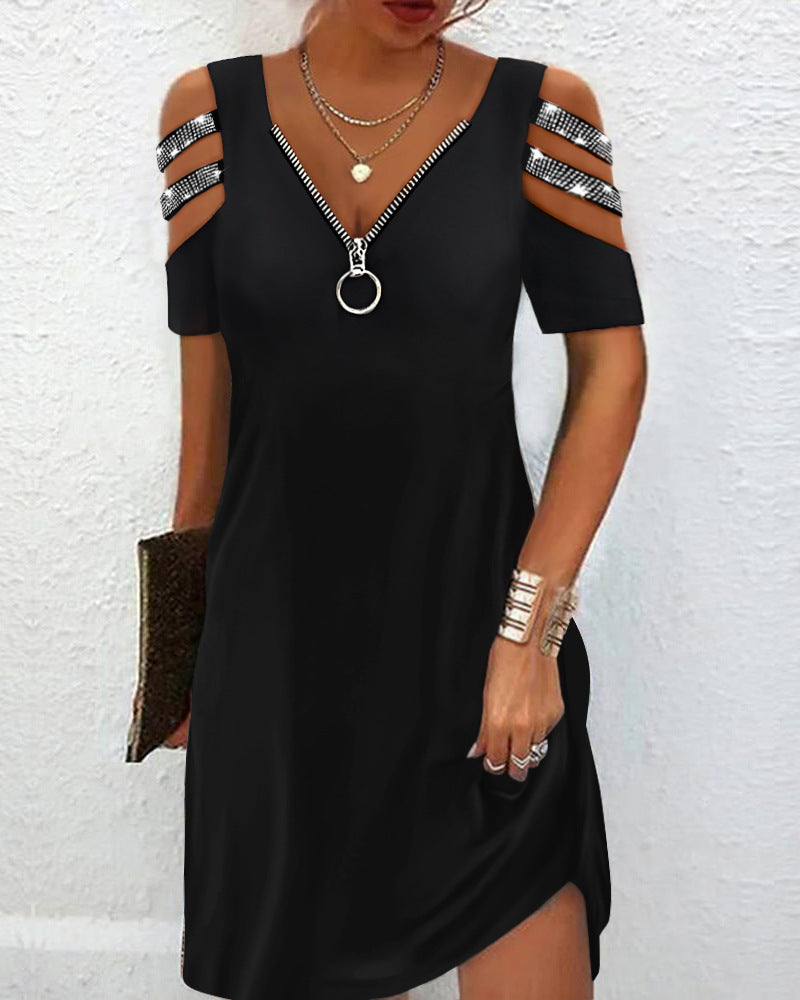 Damen lässiges Kleid mit V-Ausschnitt und Reißverschluss Stalluxe