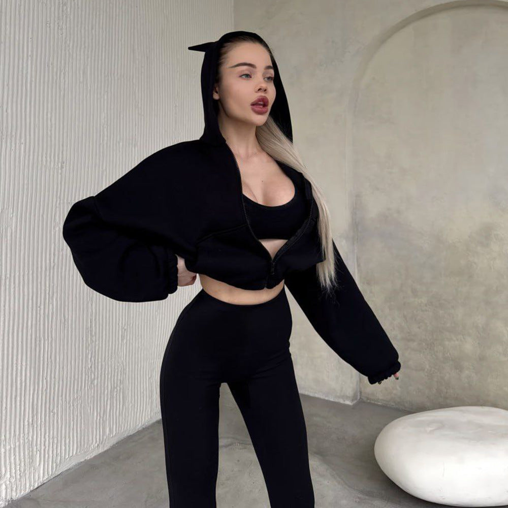 Damen cropped Kapuzenjacke mit einzigartigem Ohren-Design Stalluxe