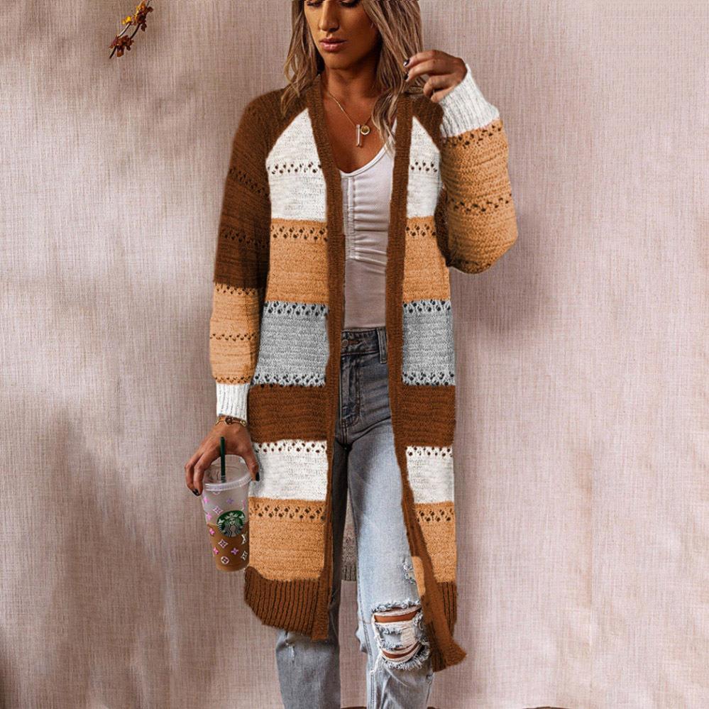 Damen Strickjacke im Retro-Patchwork-Stil mit langen Ärmeln und offenen Front Stalluxe