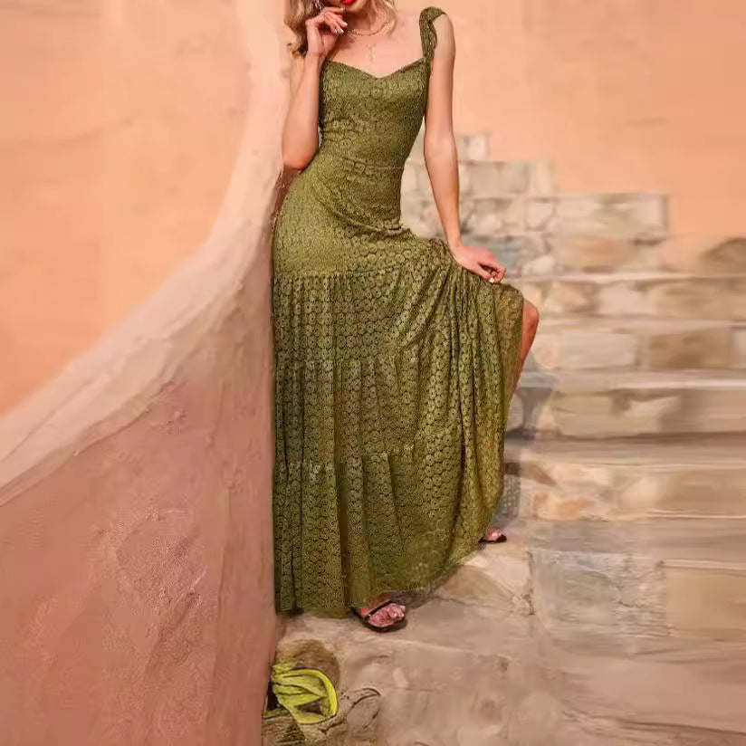 Damen Maxikleid mit exquisite Häkelstruktur und fließendem Rock Stalluxe