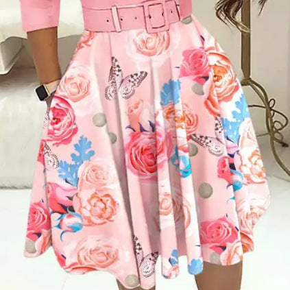 Damen A-Linien Kleid mit tailliertem Gürtel und floralem Muster Stalluxe