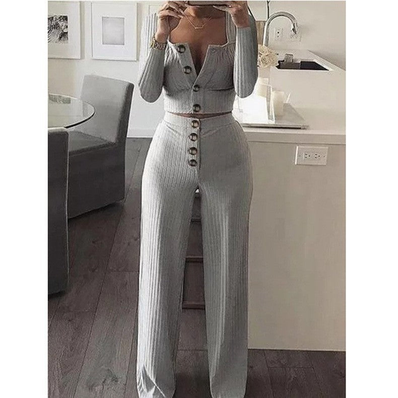 Damen modisches Strick-Set mit Knopfdetail und langem Ärmel Stalluxe