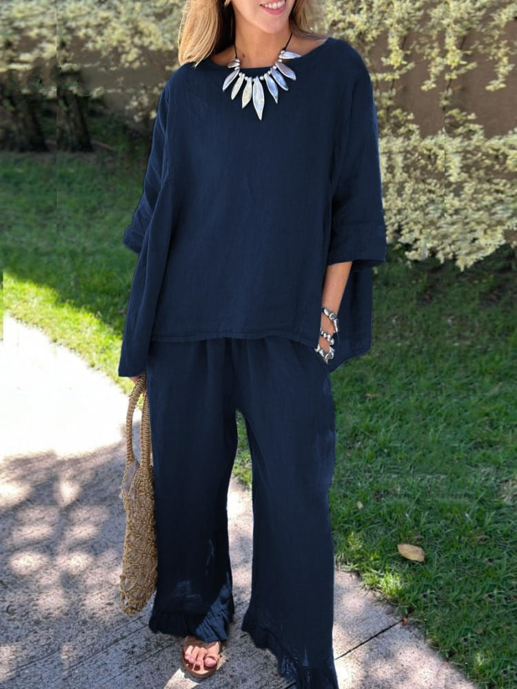 Damen lässiges Leinen-Outfit mit weitem Schnitt und angeschnittenen Ärmeln Stalluxe