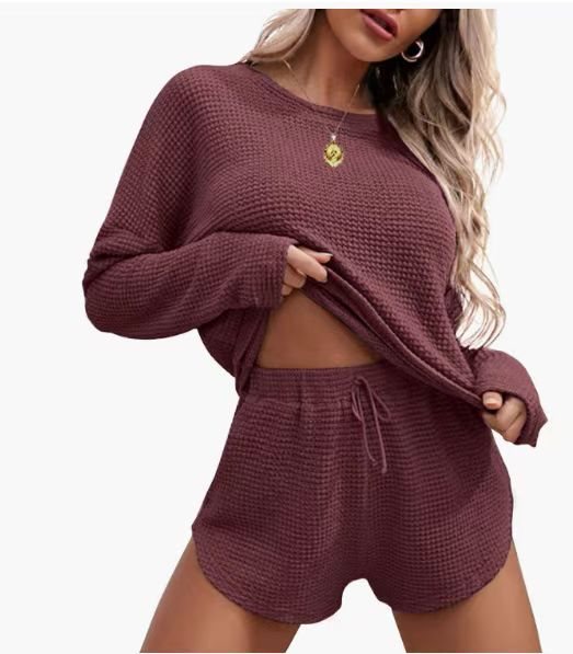 Damen lässiges Waffelstrick-Outfit mit komfortablem Crop-Oberteil und Shorts Stalluxe
