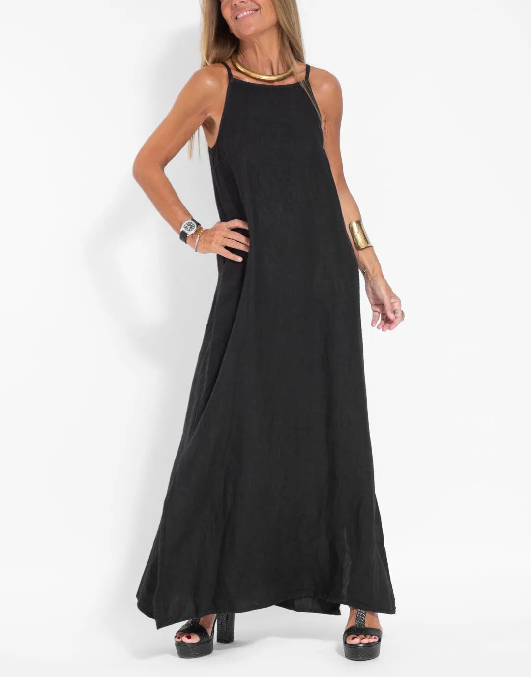 Damen elegantes Maxikleid mit feinen Trägern und schwingendem Saum Stalluxe
