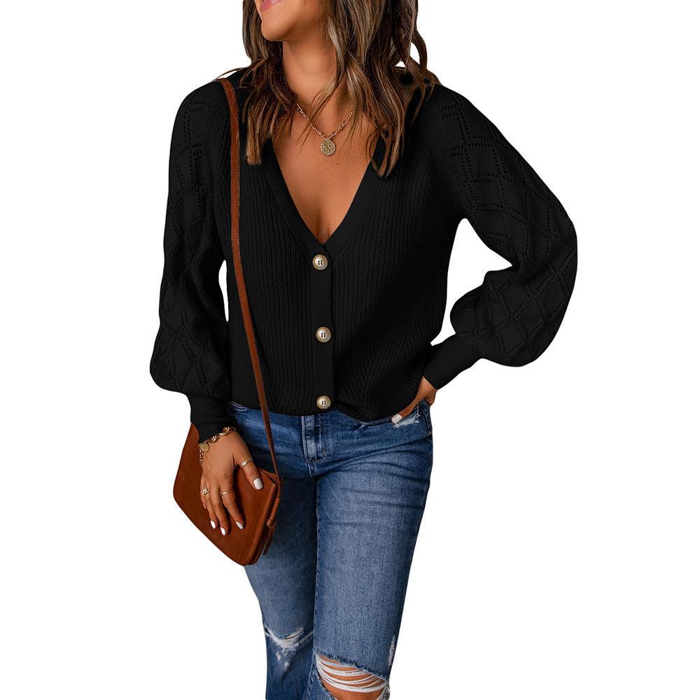 Damen Strickjacke mit V-Ausschnitt und modischen Puffärmeln Stalluxe