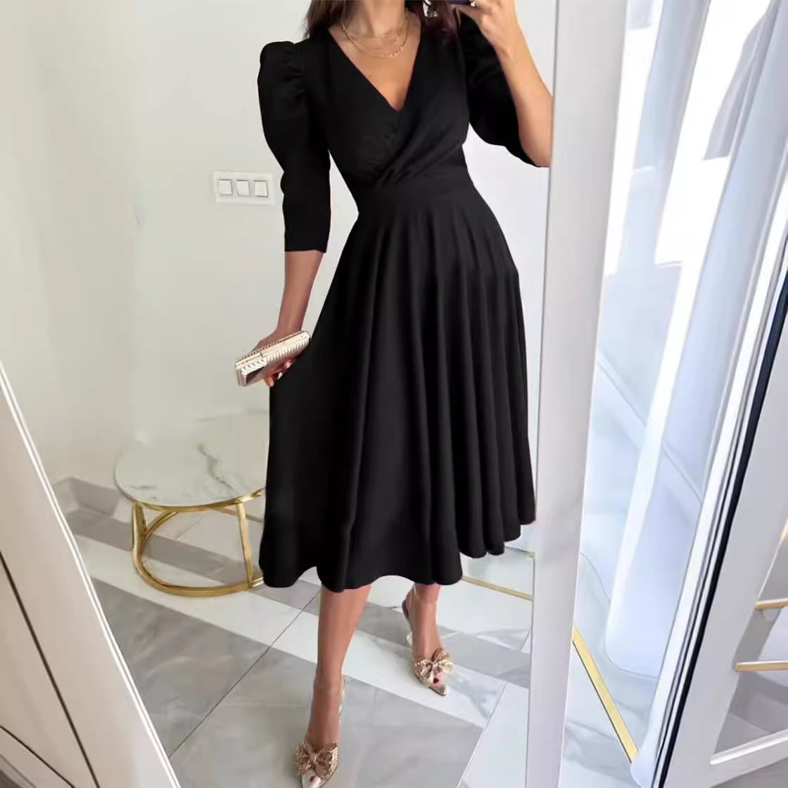 Damen A-Linien Kleid mit eleganten Puffärmeln und V-Ausschnitt Stalluxe