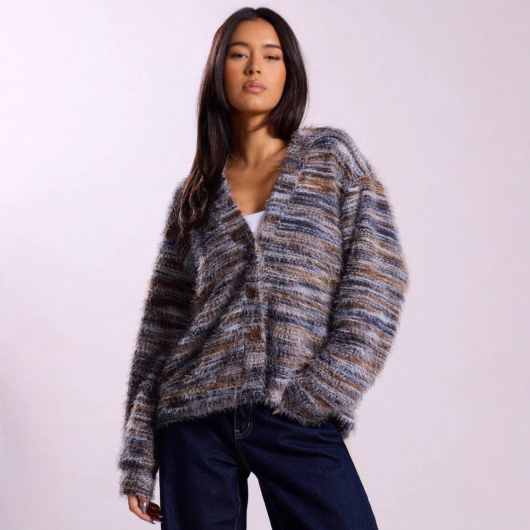 Damen Flauschige Strickjacke mit tiefem V-Ausschnitt und weitem Schnitt Stalluxe