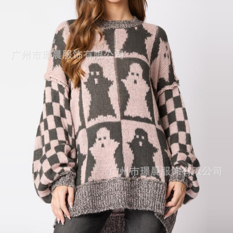 Damen lässiger Oversized Pullover mit grafischem Gespenster-Muster Stalluxe